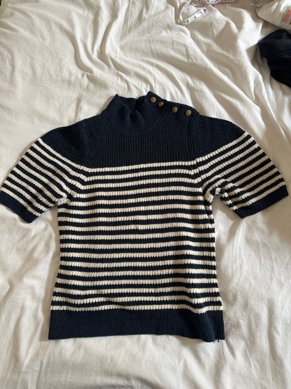 Anthropologie Navy and Cream Striped Mock-Neck Sweater with Button Detail
